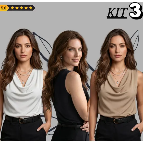 KIT 3 Blusa Regata Feminina Gola Boba Elegante Suplex Moda Verão Social Casual
