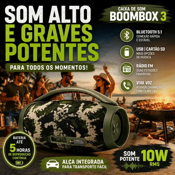 Caixa De Som Boombox 3 Portátil Potente Som Alto Bluetooth 5.1 Verde Camuflada
