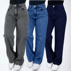 Kit 2 Wide Leg Feminina Jeans 100% Marmorizada Cintura Alta Pantalona Premium