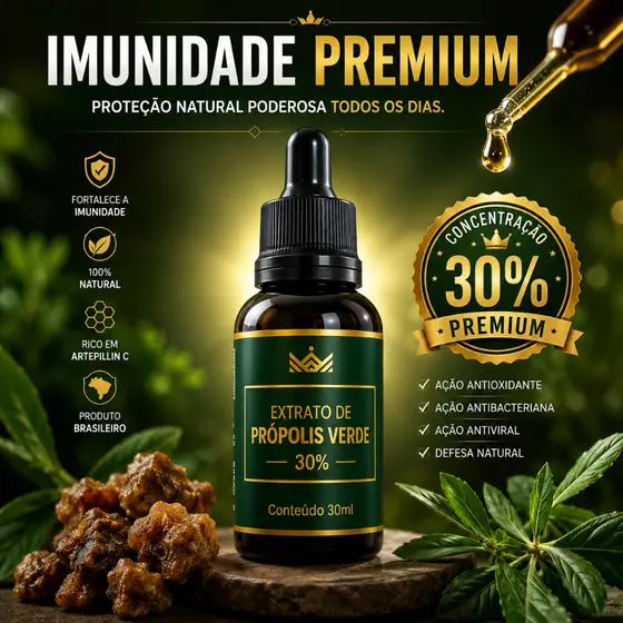 Extrato de Própolis Verde 30% 30ml | Imunidade Alta | Antibacteriano Natural | Zero Açucar