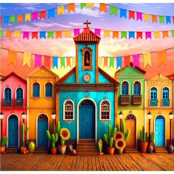 Painel Grande Sublimado Tema Festa Junina Casinhas Coloridas 5x3