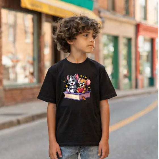 Camiseta Tom e Jerry no Livro Estampa Cartoon Camisa Infantil Criativa Fofa Criança