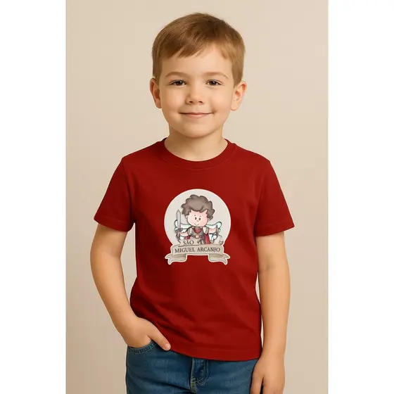 Camiseta Religiosa Infantil São Miguel Arcanjo Estampa Católica Roupa Cristã Algodão