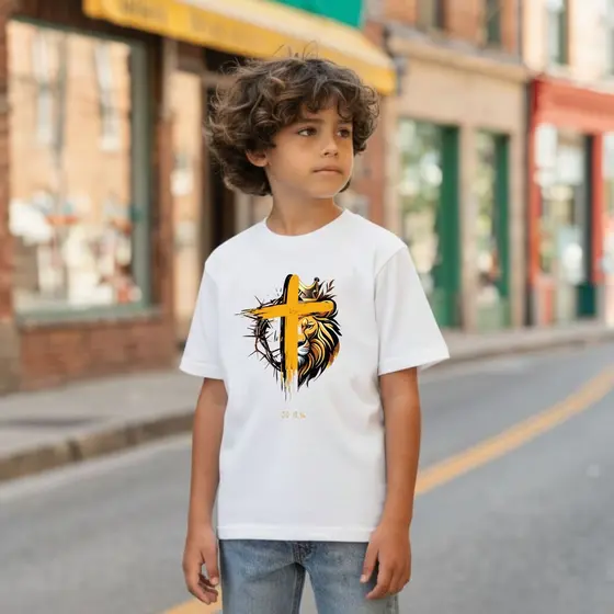 Camiseta Cristã Cruz com Leão de Judá Estampa Bíblica João 19:36 Camisa Fé e Esperança