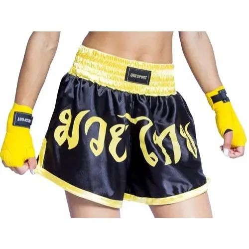 Short Bermuda Muay Thai MMA Luta Treino Boxe Feminino Preto e Amarelo