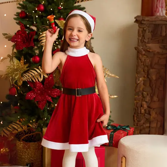 Fantasia Vestido de Natal Tecido Em Veludo Infantil Acompanha Gorro e Cinto Ajustável Tendência