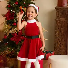 Fantasia Vestido de Natal Tecido Em Veludo Infantil Acompanha Gorro e Cinto Ajustável Tendência