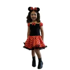 Vestido Fantasia Infantil Minnie Vermelho Bolinha + Tiara Laço Orelha