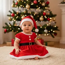 Fantasia Natal Meninas Vestido Com Cinto Ajustável e Gorro