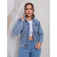 Jaqueta Jeans Feminina manga longa botao encapado para Primavera e inverno
