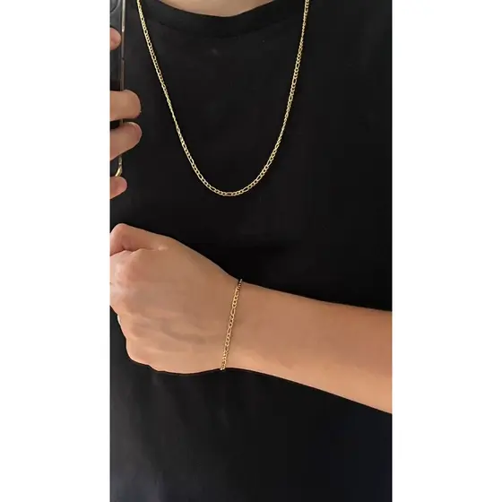 Kit Corrente + Pulseira Masculina 3x1 1mm Aço Inox DOURADO Diferentes Tamanhos !