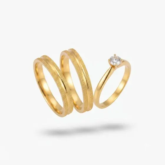 Alianças de Casamento Aço Inox DOURADO 1 Friso Liso Diamantada 4mm + Solitário