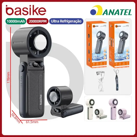 Basike Ventilador portátil mini refrigeração display digital 10000mAh，Ventilador USB 20000RPM Alta potência ，fan330