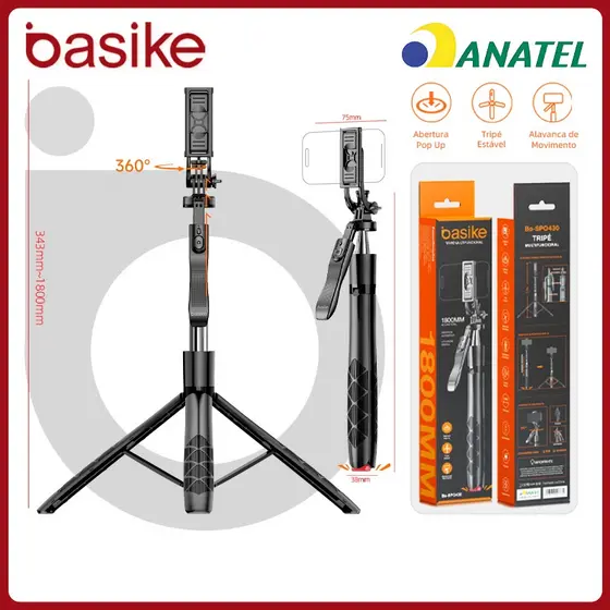 BASIKE Selfie Stick Trípode 180cm Bluetooth 5.2 Interface 1/4 Portátil 0.4kg Auto-Aberto tripé para selfie，spo430
