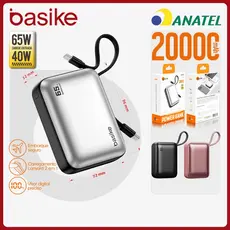 Basike Power Bank Turbo 20000mAh 65W TurboCharge，Carregador Portátil Rápido com Cabo Incluso e Display Digital，b203b