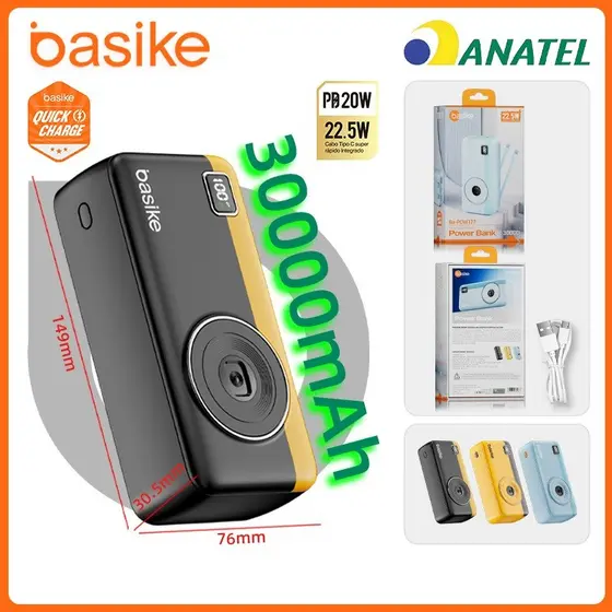 Basike Carregador Portátil Power Bank 30000mah 22.5W PD carregamento ultrarrápido com adaptador iPhone , POW177