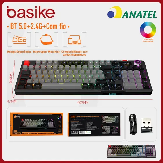 Basike Teclado Mecânico Modo triplo，RGB Switches vermelhos Teclado mecânico Design ergonômico Com visor digital，key391