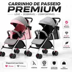Carrinho de Bebê Passeio Vira Berço Compacto com alça reversível Menina Menino