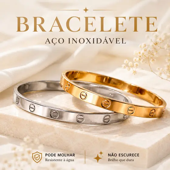 Braceletes Clássicos em Aço Inoxidável 316L na versão Dourado ou Prata Inspiração Grife