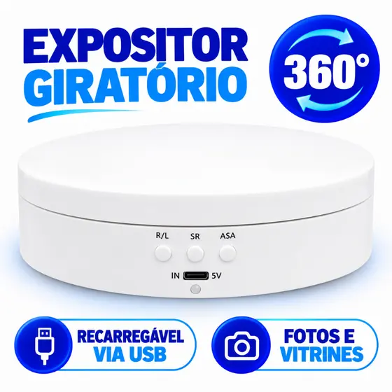 Suporte Expositor Giratório | USB Recarregável Para Vitrine Foto E Decoração  Branco