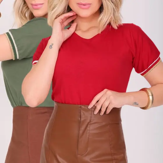 Kit 2 T-Shirt Camiseta Feminina Casual Estilosa Algodão Punho Na Manga Gola Redonda