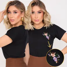 T-Shirt Feminina Bordada Camiseta de Algodão Gola Redonda Estilosa