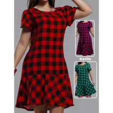 Vestido Feminino Xadrez Casual Manga Curta Gola Canoa com Botão de Coco