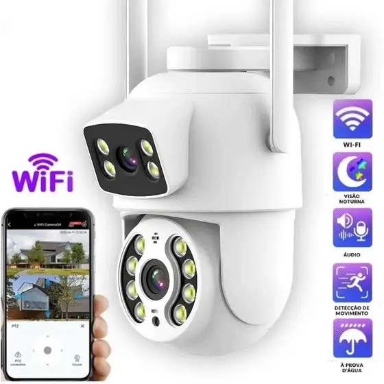 Câmera De Segurança Lente Dupla ICSEE IP66 Wi-Fi 360° Sensor Movimento Visão Noturna 2 em 1 Fixa + Giratória