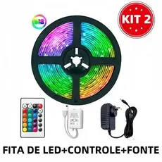 KIT1/2/3/4 Fita Led Rgb 3528 Colorida 5m + Controle+Fonte 300 Led Decoração Casa Loja Gesso Teto Sanca Vitrine FLUX