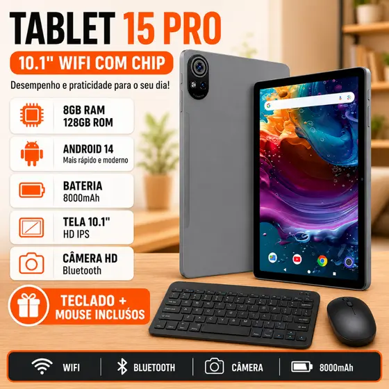 Tablet 15 PRO Android 13 8000mah Wifi com chip 10.1 , Teclado+Mouse 6GB RAM 128GB Câmera Bluetooth
