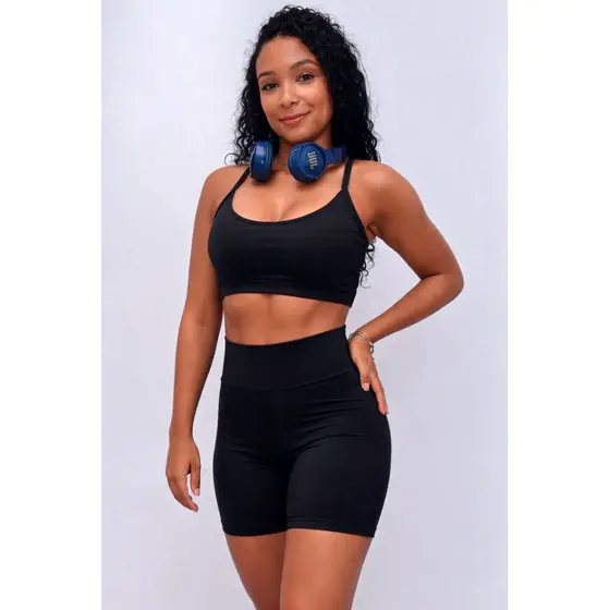 Conjunto Fitness Top e Short Cintura Alta Tecido de Alta Compressão