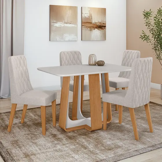 Conjunto Sala de Jantar Mesa Easy Pop 120x80cm Tampo Vidro/MDF 4 Cad Seat Linho Cinza Amendoa/off