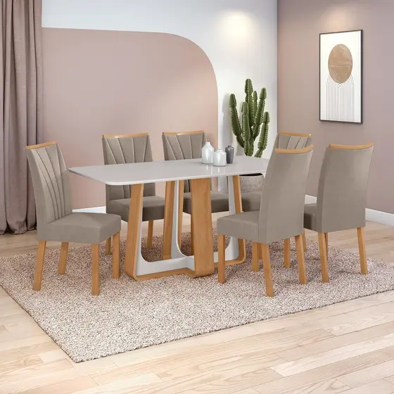 Conjunto Sala de Jantar Mesa Easy Pop 170x90cm Tampo Vidro/MDF 6 Cad Confort Suede Bege Amendoa/off
