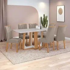 Conjunto Sala de Jantar Mesa Easy Pop 170x90cm Tampo Vidro/MDF 6 Cad Confort Suede Bege Amendoa/off