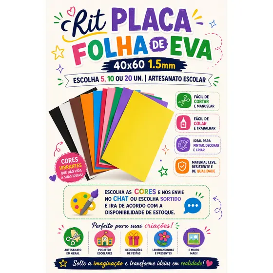 Placas Folha De Eva 40x60 1.5mm | Escolha 5, 10 ou 20 Un. | Artesanato Escolar