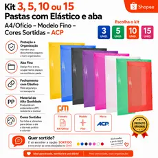 Kit 3, 5, 10 ou 15 Pastas com Elástico e aba A4/Ofício – Modelo Fino – Cores Sortidas