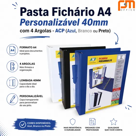 Pasta Fichário A4 Personalizável com 4 Argolas - ACP (Azul, Branco ou Preto)