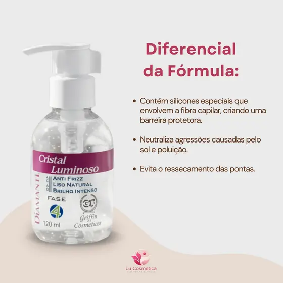 Reparador de Pontas Cristal Luminoso 120ml Anti Frizz Brilho Intenso Liso Natural Griffin Cosméticos