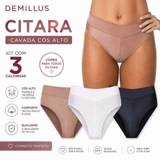 Kit com 3 Calcinhas Citara Cavada Demillus Cós Alto 26065 Branca Preta Bege