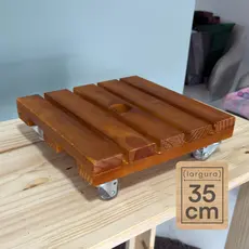 Suporte Quadrado Madeira 35cm Rodinhas Silicone Reforçado para Vasos Área Externa Não Risca o Piso