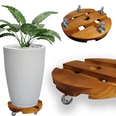 Suporte móvel redondo madeira de 20cm rodinhas de Cristal para vasos de plantas. Prático Resistente