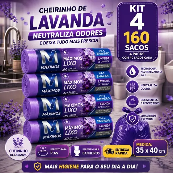 Saco Lixo Banheiro Pia Cozinha Perfumado 10 Litros Lilás 35x40 Lavanda Neutraliza Odor Anti Inseto