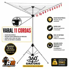 VARAL DE CHÃO GIRATORIO 11 CORDAS 100 % ALUMINIO GRANDE REFORÇADO BI-PARTIDO
