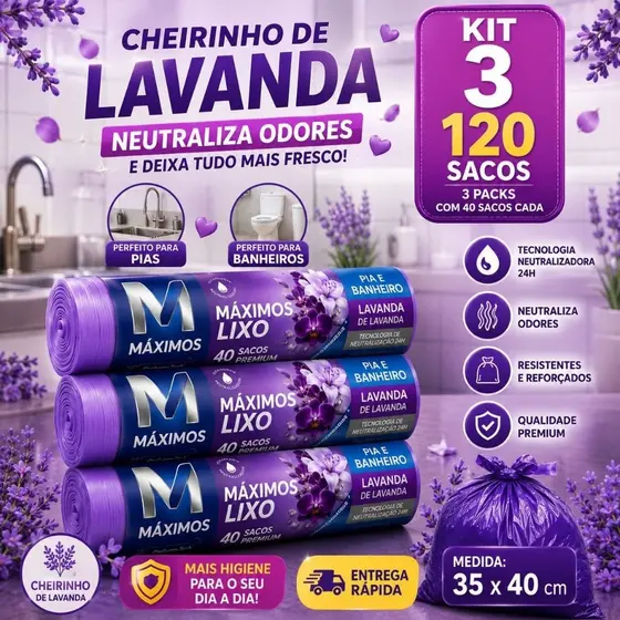 Kit Sacos de Lixo Perfumados Lavanda 10 L | 400 Sacos | Pia e Banheiro | 35x40cm | Neutraliza Odores