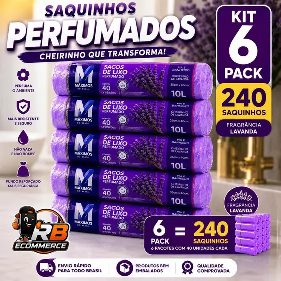 Kit Pack Sacos de Lixo Perfumados 10L Lavanda Sacos | Pia e Banheiro 34x38cm | Neutraliza Odores