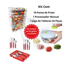 Kit 36 Peças Cozinha Pano de Prato Processador Manual E Jogo de Talheres 25 Peças