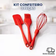 Kit Confeiteiro Silicone 3 Peças Espátula Pincel Fuê Utensílios Silicone Resistente Cozinha