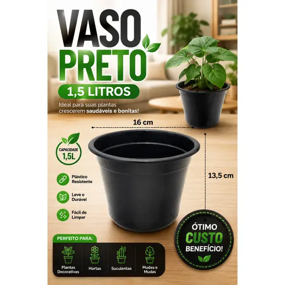 Vaso de planta preto 1,5L