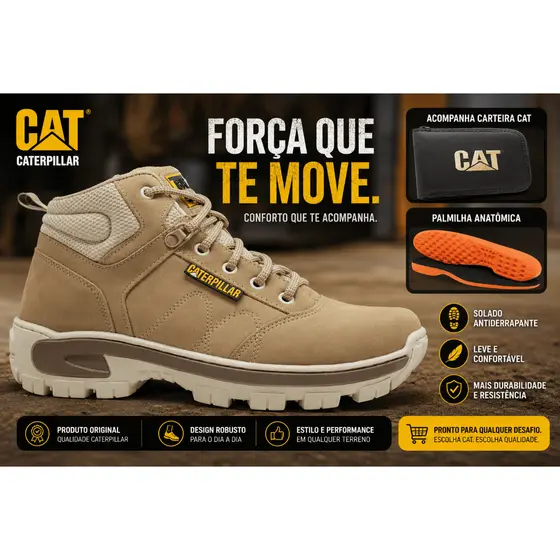 Bota Caterpillar Trabalho Couro Bico PVC C.A 50997 Masculino CARTEIRA BRINDE Palmilha Gel Dia a Dia Casual
