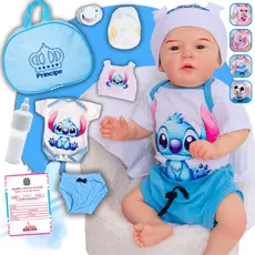 Bebê Reborn Boneco Menino Realista Stitch Original Corpinho Em Silicone Com Bolsa Maternidade